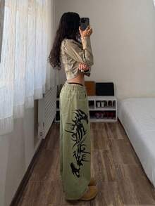 StreetHx Plus Size Fashion 2000s 90s Vintage Retro Print Curved Leg Wide Leg Jeans Date Night Green Summer - Olive Green - View 2