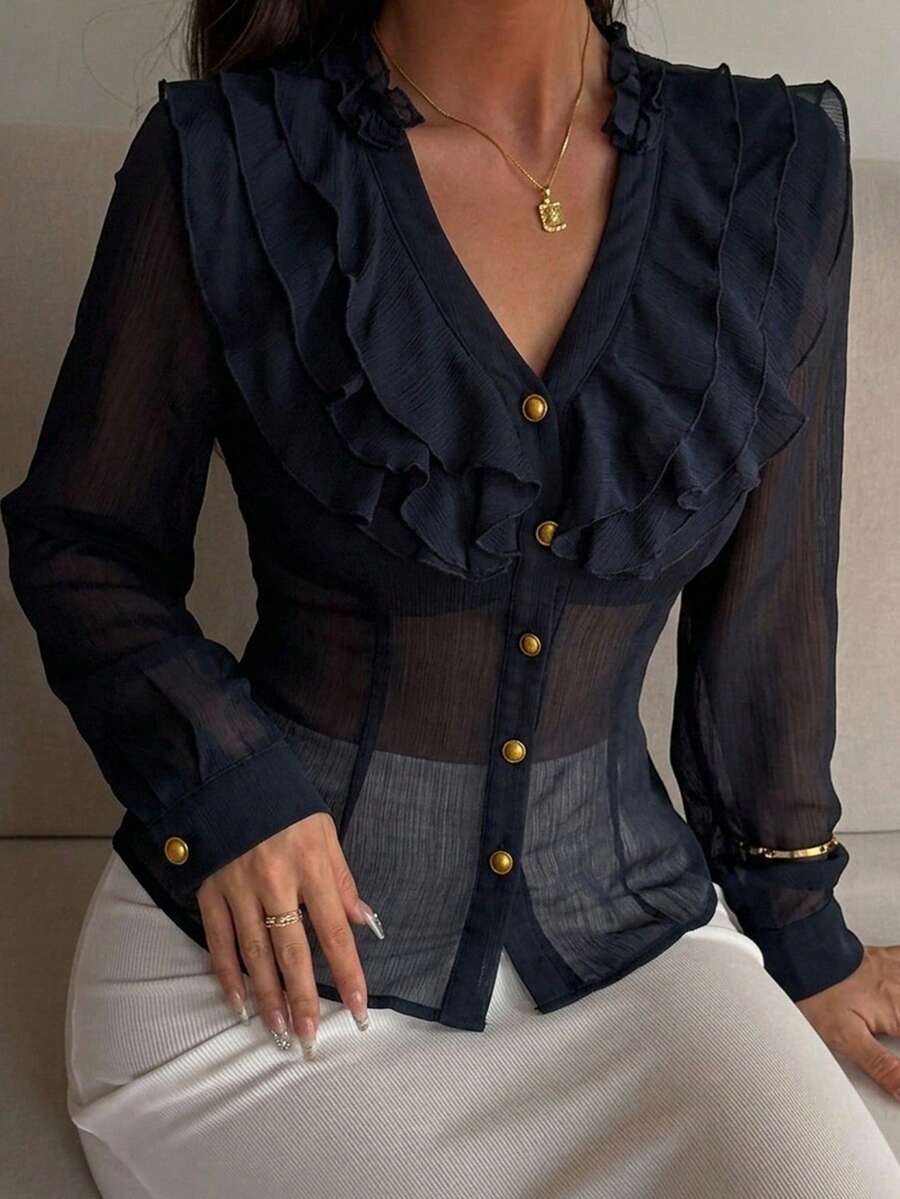 DAZY Autumn Spring Summer Multi-Layer Ruffle Patchwork Fitted Sexy Sheer Chiffon Blouse With Metal Button Decor Long Sleeve Women's Shirt - Navy Blue - View 1