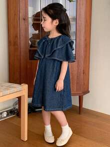 Dazy Kids 女童夏季休閒荷葉邊牛仔洋裝 - 藍色 - 查看 6
