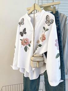 SHEIN LUNE 刺繡立領白色條紋襯衫，女款寬鬆休閒 3/4 袖紋理上衣 - 白色 - 查看 3