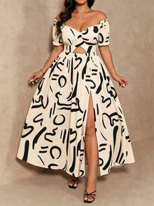 SHEIN LUNE CURVE 大尺碼黑白抽象印花單肩交叉鏤空高開衩夏季優雅度假洋裝派對裙 - 杏色 - 查看 2