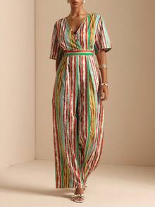 Vesra Women's Casual Tropical Boho Red Striped Jumpsuit For Vacation Summer Beach - Multicolor - View 1