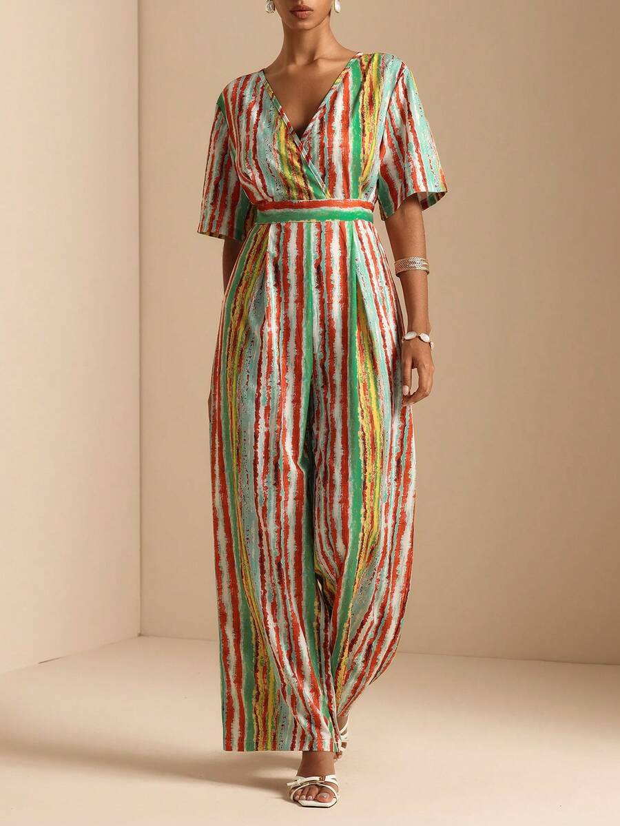 Vesra Women's Casual Tropical Boho Red Striped Jumpsuit For Vacation Summer Beach - Multicolor - View 1