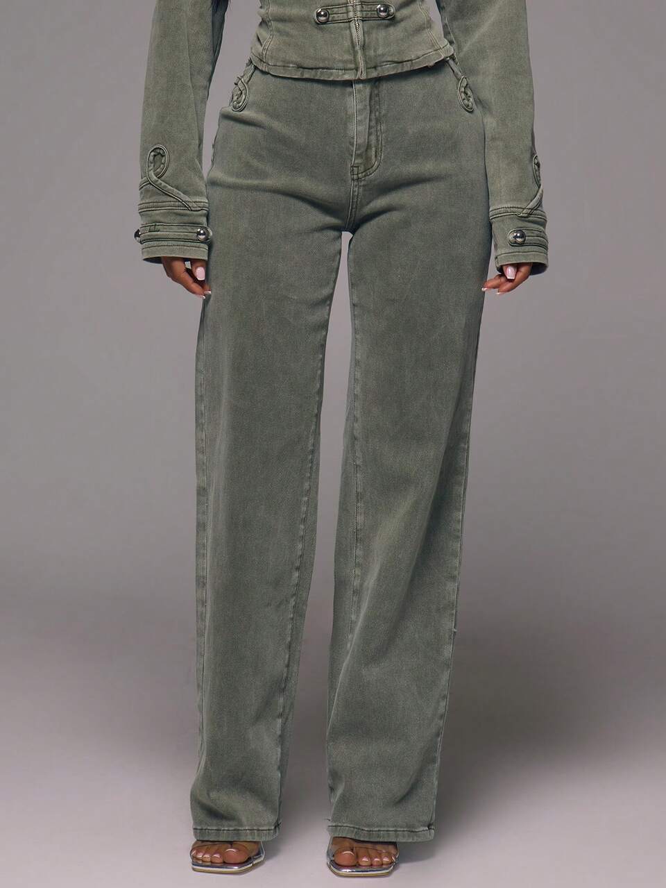 Jeans a gamba larga con lavaggio vintage, vita alta e vestibilità dritta rilassata, dettagli militari, primavera estate Y2K, femminile casual festival