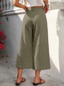 SHEIN Holidaya Women's Casual Vacation Linen Capri Pants, Casual, Beach Vacation, Home, Linen Olive Green Summer - Army Green - View 2