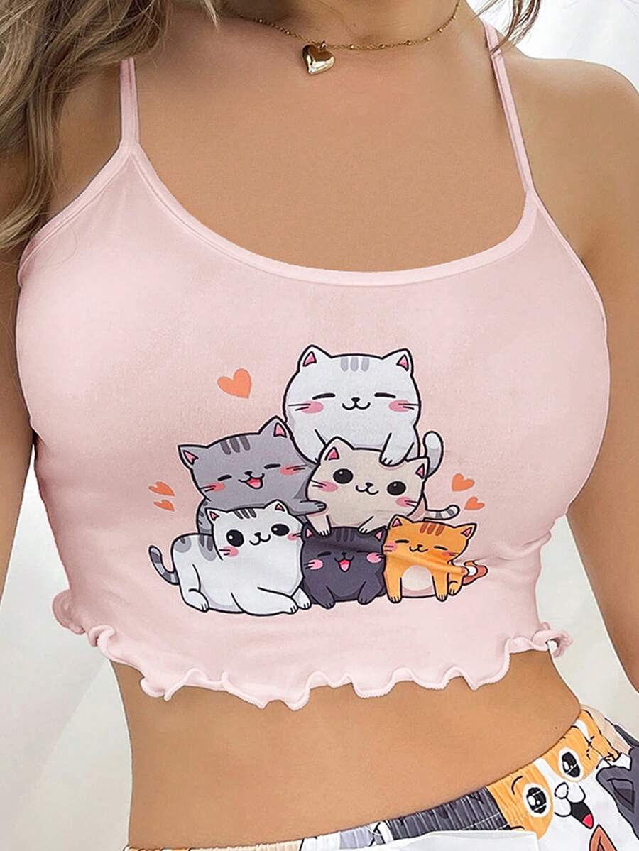 DUSKBASE Top de pijama para mujer con estampado de gato de dibujos animados lindo estilo Y2K - Multicolor - Ver 1
