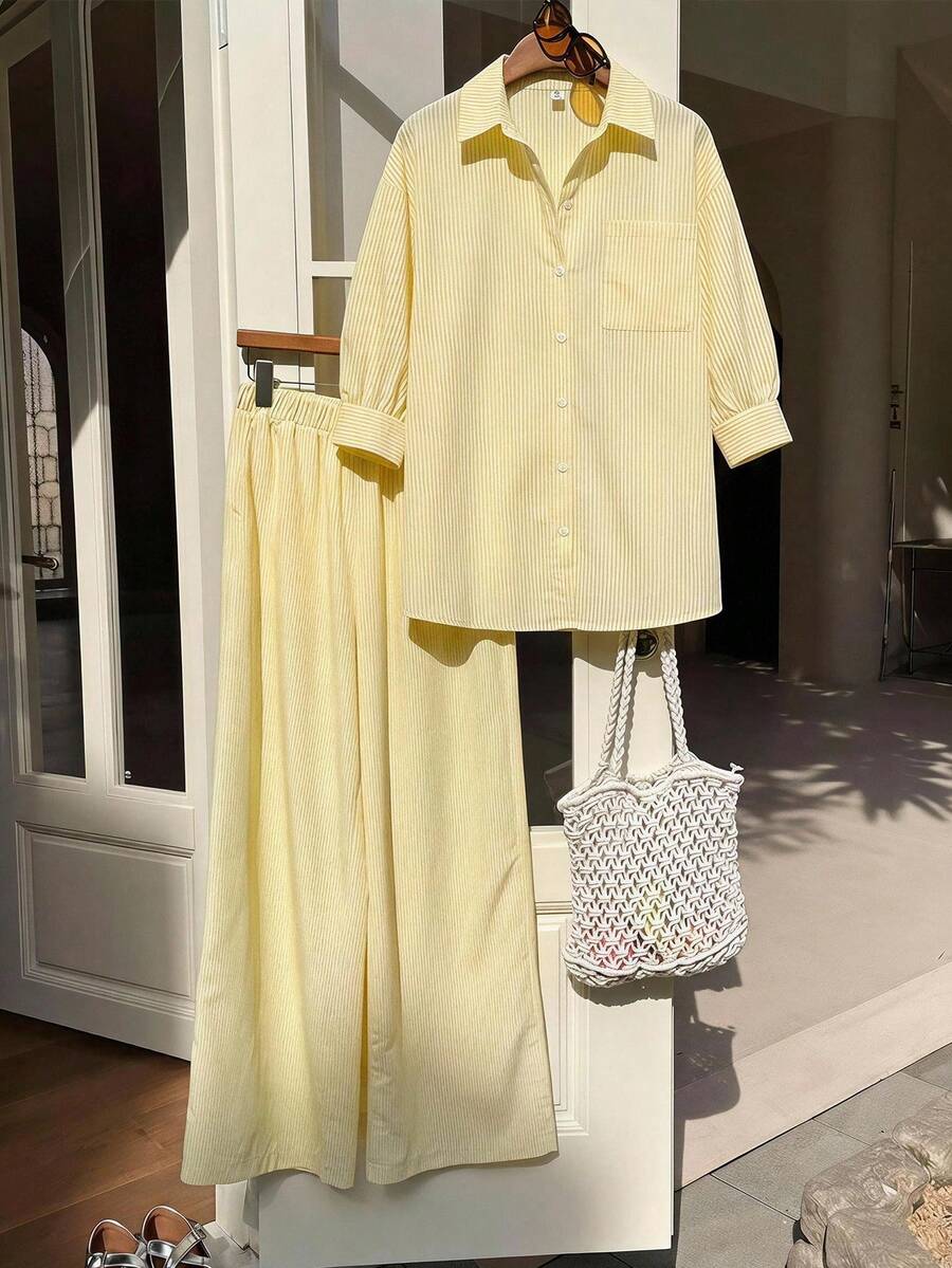 SHEIN Teen Girls' Summer Lightweight Yellow Striped Shirt And Pants Set, Casual Vacation Outfit - Yellow - View 1