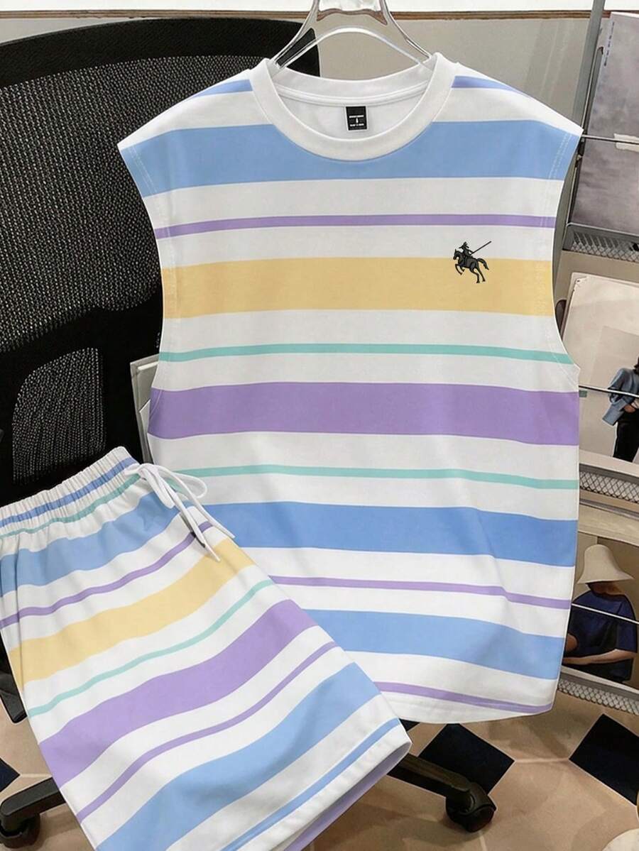 Manfinity Joysei Conjunto de camiseta sin mangas y pantalones cortos con rayas de color contrastante para hombre, vacaciones - Multicolor - Ver 1