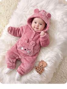 Newborn Baby Girl Cute Autumn/Winter Cartoon Pattern Pink Hooded Romper - Pink - View 7