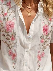 Balvessa Damen Bluse für Frühling/Sommer mit Umlegekragen, einreihig, Spitzen-Patchwork, Blumenmuster, lockere Passform, Kurzarm - Verschiedenfarbig - Übersicht 3