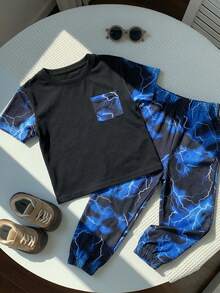 SHEIN 2pcs Kids Tween Boy Casual Comfortable Glow-In-The-Dark Pattern Pullover Short Sleeve T-Shirt Straight Loose Long Pants Knit T-Shirt Set, Tracksuit, Y2K Set, Eid Dress, Ramadan, Traditional Arabic Clothing, Suitable For Spring/Summer, Outfits, Valentine's Day, Date, Travel, Vacation, Family Gathering, Back To School, Wedding Season, Evening Party, Sports, Birthday Party - Black - View 5