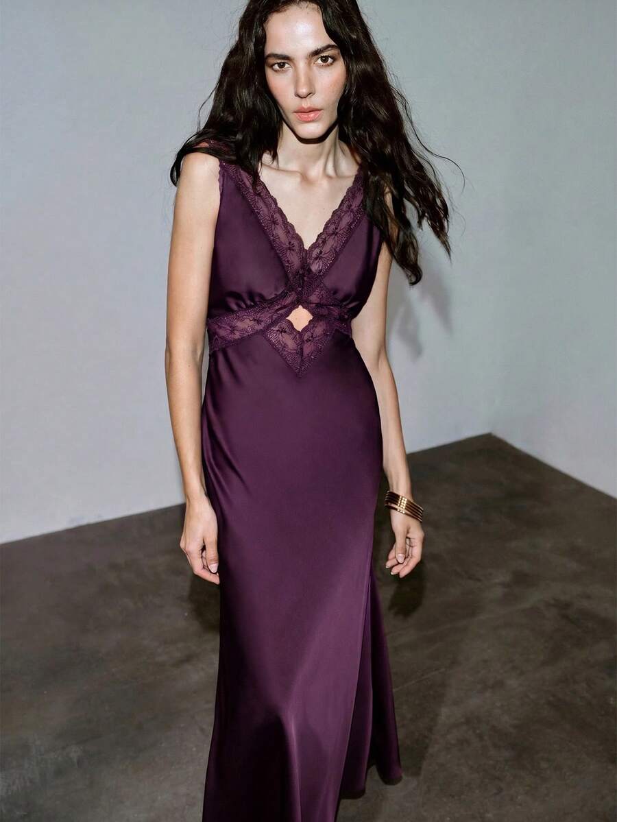 MOTF PREMIUM SPRING/SUMMER LACE PATCHWORK HOLLOW LONG SATIN DRESS, MODERN URBAN DATE - Purple - View 1