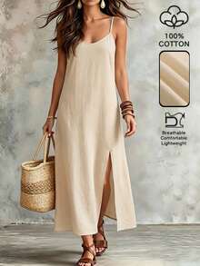 SHEIN LUNE Solid Color Slit Cami Dress For Vacation And Leisure - Khaki - View 3