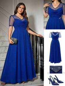 Gownix Plus Size Women's Spliced Mesh Short Puff Sleeve Pleated Design Elegant Dress Evening Formal Wedding Royal Blue Summer - Navy Blue - View 1