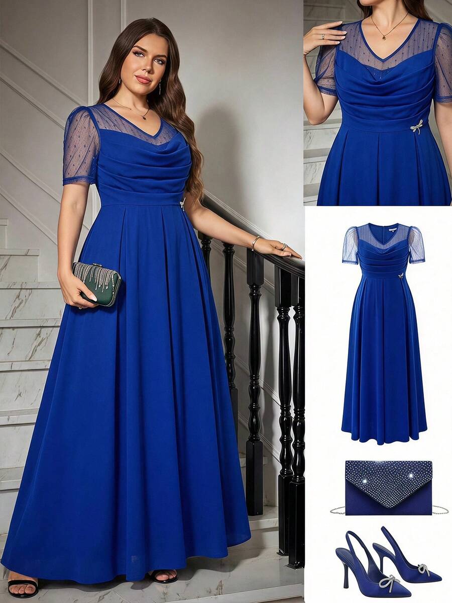 Gownix Plus Size Women's Spliced Mesh Short Puff Sleeve Pleated Design Elegant Dress Evening Formal Wedding Royal Blue Summer - Navy Blue - View 1