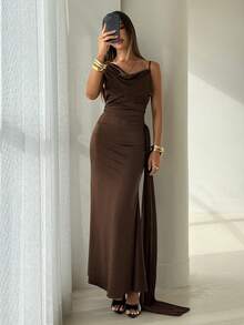 Aloruh Damen Sexy Eng Anliegendes Braunes Asymmetrisches Cowl-Neck Rückenfreies Satin-Partykleid - Kaffeebraun - Übersicht 7