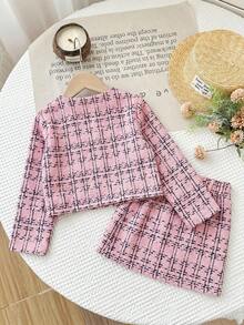SHEIN Firerie Kids 少女都市時尚格紋長袖夾克與裙子套裝 - 粉色 - 查看 4