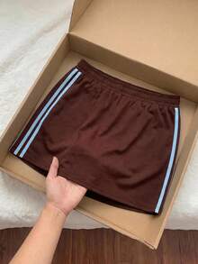 Comfortcana Damen Große Größen Lässig Vintage Amerikanischer Sportlicher Stil Seitenstreifen Braun Strickrock, Elastischer Bund Rock - Braun - Übersicht 10