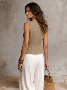 Solivie Women's Summer Elegant Smart Casual Commute Business Brunch Office Solid Color Sleeveless Blouse Khaki - Apricot - View 4