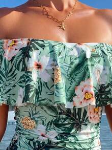 Swim Lushoire Spring/Summer Tropical Floral Print Ruffle Off-Shoulder Side Ruched One-Piece Swimsuit For Women, Festival Boho - Multicolor - View 4