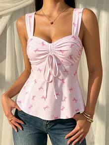 CovetEZ Casual Cute Minimalist Pink And White Striped Base Striped Bow Allover Print Pattern Drawstring Camisole Top, Suitable For Vacation, Spring/Summer - Multicolor - View 5