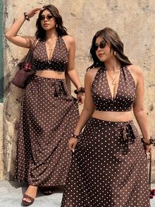 Vionelle Spring/Summer Plus Size Women's Brown Halter Top Tie Waist A-Line Skirt Date Night Vacation Gentle Boho 1950s Vintage 90s 70's 80s Casual Beach Party - Multicolor - View 2