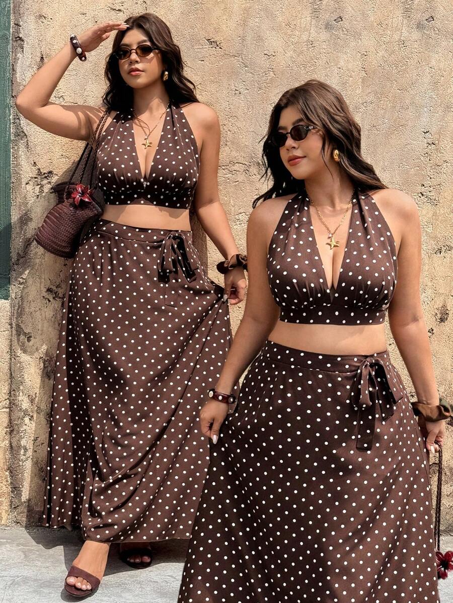 Vionelle Spring/Summer Plus Size Women's Brown Halter Top Tie Waist A-Line Skirt Date Night Vacation Gentle Boho 1950s Vintage 90s 70's 80s Casual Beach Party