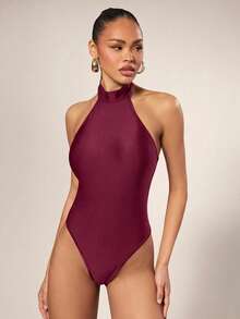 Hauture Women's Solid Color Halter Neck Slim Fit Fashion Bodysuit - Red Violet - View 6