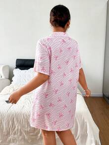 MuseNap CURVE Plus Size Women's Wave & Bow Print Shirt Nightgown - Pink - View 2