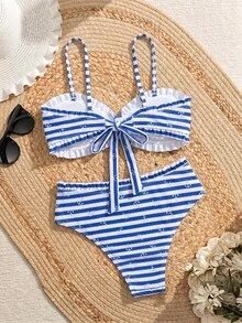 Swim Lushoire 春夏流行女款性感波點印花設計度假網紅風沙灘比基尼套裝 - 藍色 - 查看 8