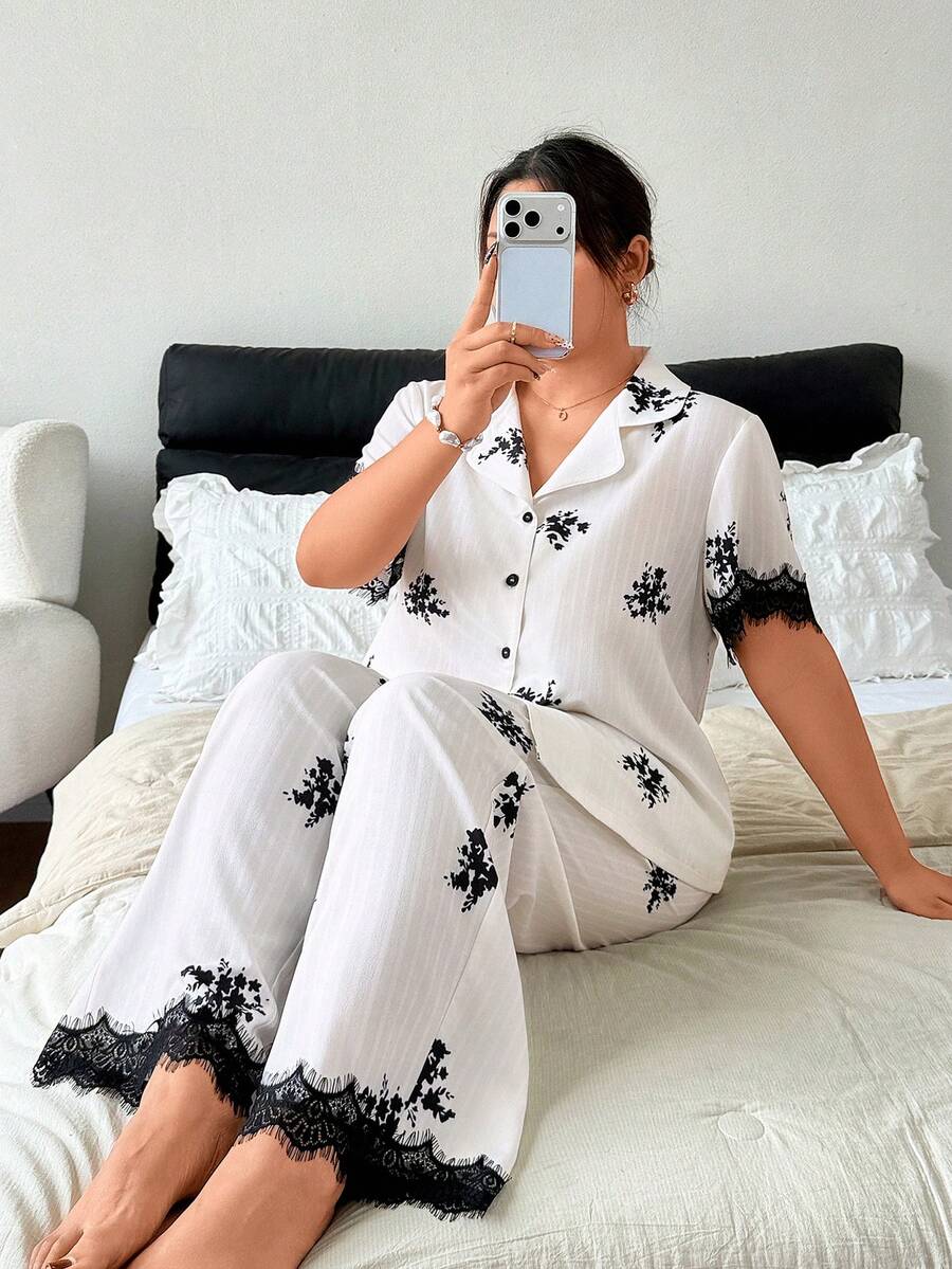 Napfluff CURVE Napfluff CURVE Plus Size Women's Eyelash Lace Trim Print Open Front Pajama 2-Piece Set - White - View 1
