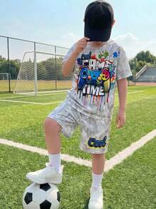 Tween Boy Casual Fashion Streetwear Minimalist Maple Leaf Game Console Pattern Crew Neck Short Sleeve T-Shirt And Shorts 2-Piece Set, Suitable For Commuting, School, Daily Casual Outings, Sports, Spring And Summer - Grey - View 7