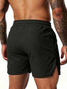 GymBeat Men's Letter Print Drawstring Waist Sports Shorts, Gym - Black - View 2