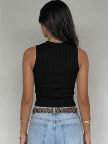 Paquete de camisetas de tirantes de algodón con tejido de canalé para mujer, cuello redondo, ajuste ceñido, estilo básico casual. - Negro - Ver 4