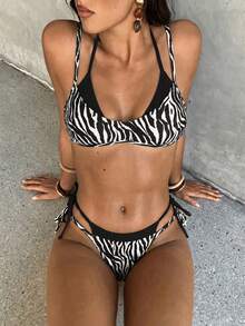 Aloruh 歐美風夏季海灘派對度假豹紋 2 合 1 性感熱帶比基尼套裝 女款泳衣分體式坦克比基尼 黑色 - 黑與白 - 查看 1