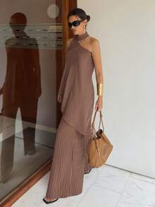 Firerie Brown Striped Neckless Sleeveless Top And Long Pants Set Light Weight One Shoulder Pallazo Pants Festival Outfits Bussines Casual Summer Going Out - Brown - View 6