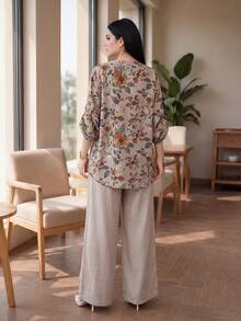 Auveirra 2 Pieces Set Plus Size Women's Floral Print Long Sleeve Shirt & Linen Beige Pants,Boho Casual Country Style For Summer,Vacation,Fall Outfits Elegant - Multicolor - View 2