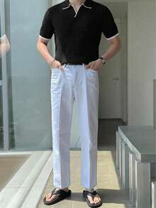 DAZY Black Commuter Contrast White Trim Polo Collar Men's Knit Top Summer - Black - View 4