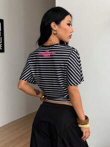 Coolane THE POWERPUFF GIRLS X SHEIN 女款黑色圖案圓領修身T恤，可愛休閒街頭風，籃球與西部節慶風格，適合居家、返校，復古 Y2K Soft Girl/Clean 風格 - 彩色 - 查看 2