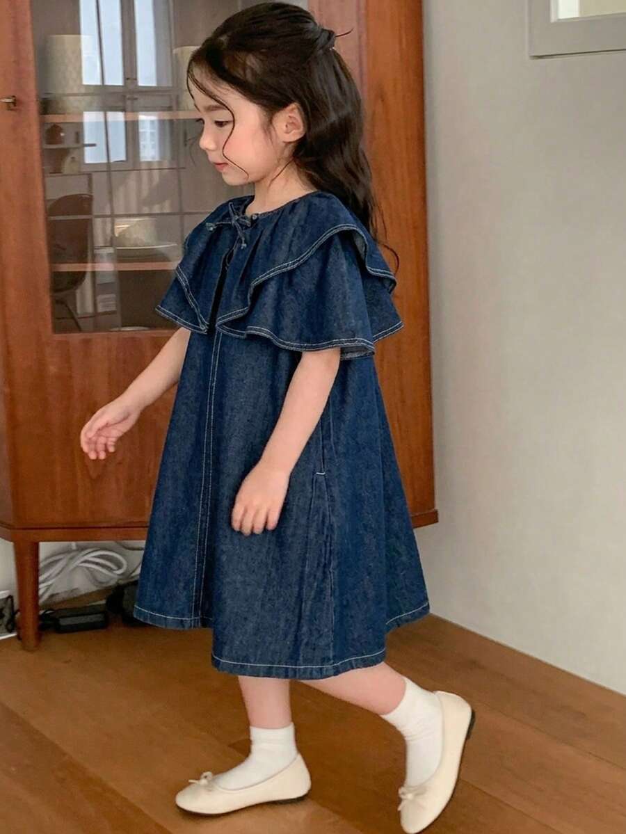 Dazy Kids 女童夏季休閒荷葉邊牛仔洋裝 - 藍色 - 查看 1