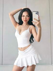 Sweetina 休閒性感可愛 Y2K 女孩蕾絲拼接細肩帶上衣 + 抓褶防走光裙 2 件套，適合外出、夜生活、海灘，米白色夏季款 - 白色 - 查看 6