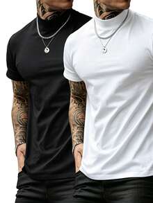 Manfinity Dauomo Kaos Pria Lengan Pendek Kerah Tegak Warna Polos Kasual Serbaguna - Hitam - View 1