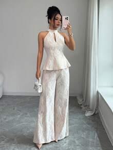 Elenzga Setelan Gaun Pengantin Musim Panas Gaya Dewasa Model Halter Neck Berongga dengan Renda dan Pinggang Ramping, Celana Lebar - MultiWarna - View 4