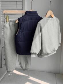 SHEIN 兒童返校 3 件套 小男孩休閒舒適百搭厚款夾克冬秋外套 + 圓領運動衫 + 長褲 - 彩色 - 查看 2