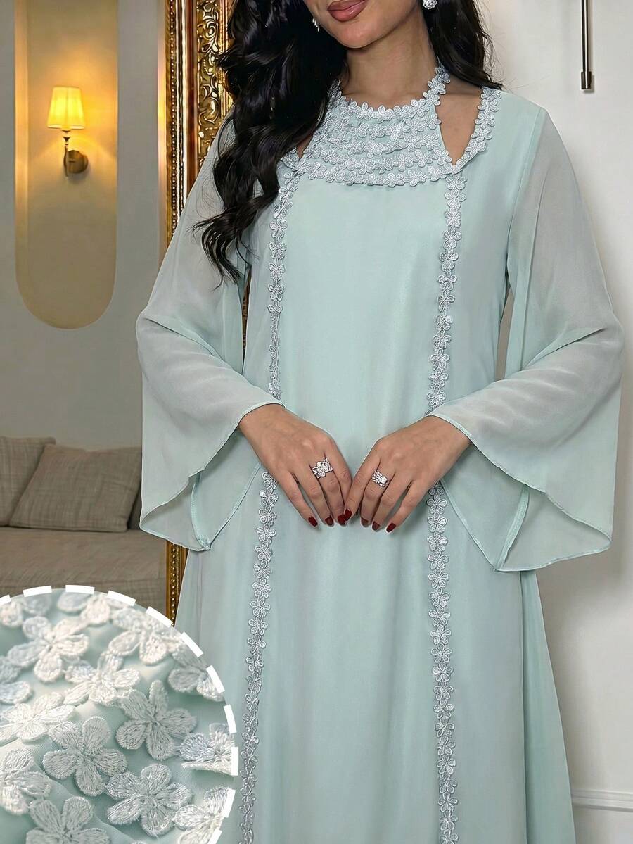 Yasmyna 春夏雪紡3D蕾絲優雅修身女款長版襯衫