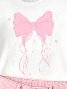 (Random 3 Pcs, Send 1 Pc) Summer Baby Girl Refreshing Minimalist Colorful Star & Bow Print Basic Short Sleeve T-Shirt - White - View 3