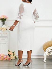 SHEIN Lady 大尺碼女款網紗拼接休閒派對洋裝 - 白色 - 查看 3