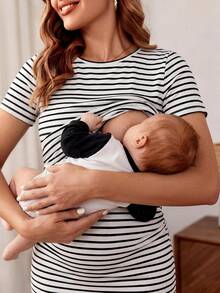 SHEIN Maternidad Camiseta de rayas bajo curvo amamantamiento - Blanco y Negro - Ver 4