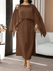 Modelyn Plus Size Solid Color Minimalist Design 3D Floral Decor Elegant Summer Dress Fall - Coffee Brown - View 5