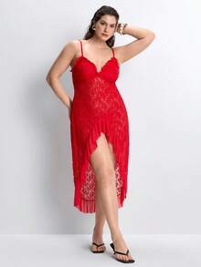 Slumbrini Camisón de encaje transparente y fruncido con abertura, conjunto de lencería sexy con tirantes finos para tallas grandes - Rojo - Ver 1